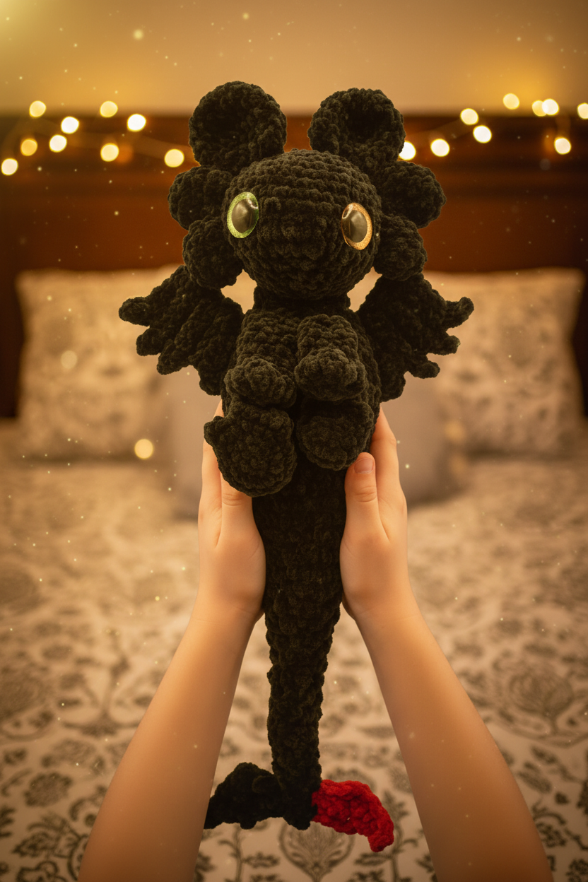 Dragon noir crochet tenu par un enfant - guirlandes lumineuses