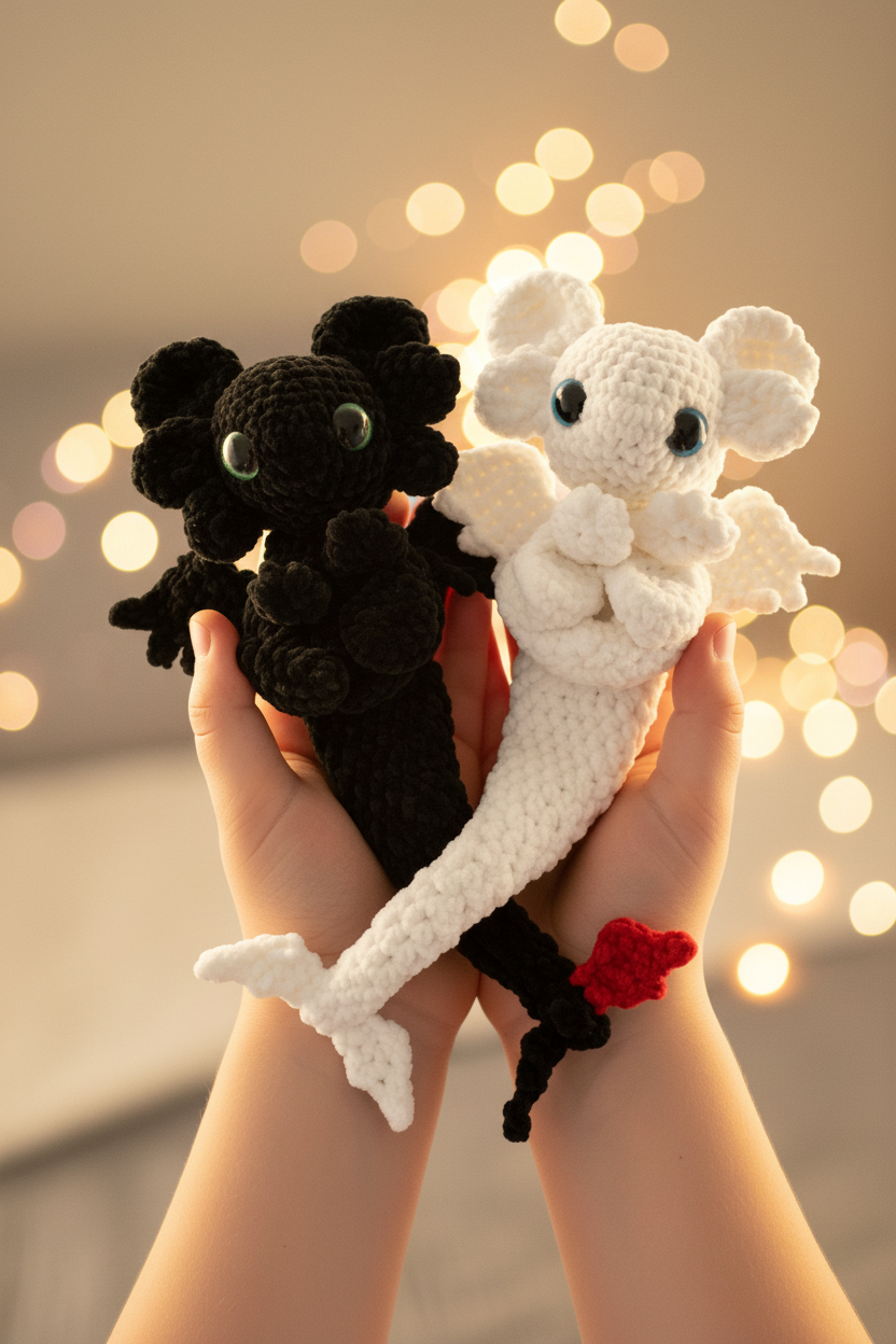 Duo dragons crochet tenus par un enfant - ambiance cosy