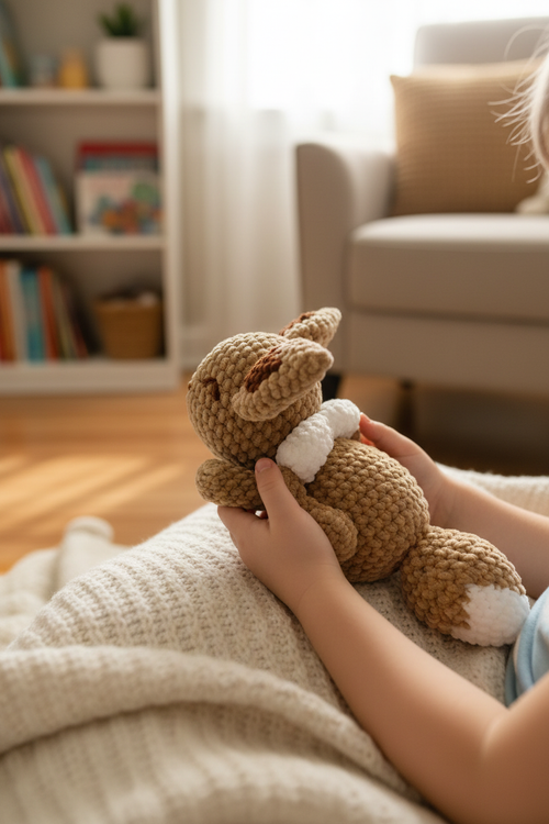 Enfant tenant la peluche Évoli crochet - vue de côté