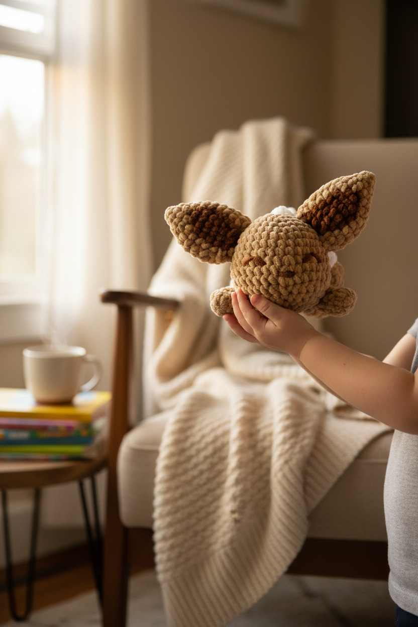 Enfant tenant la peluche Évoli crochet - vue de face