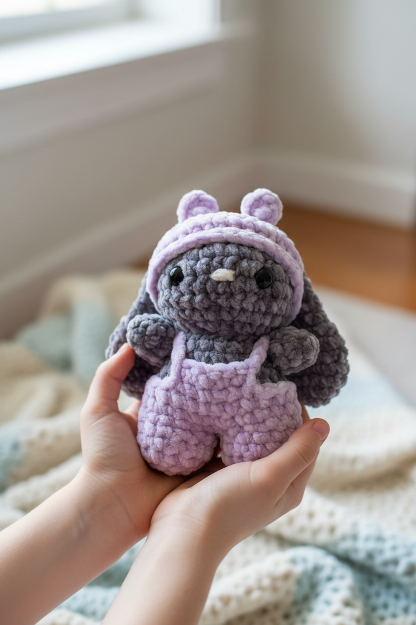 Lapin crochet violet tenu par un enfant