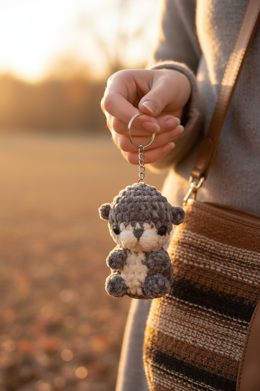 Porte-clé loutre crochet accroché à un sac, mise en scène lifestyle lumière dorée