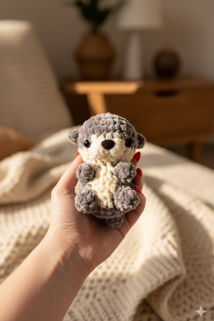 Petite loutre crochet grise tenue dans une main aux ongles rouges, ambiance cosy et chaleureuse