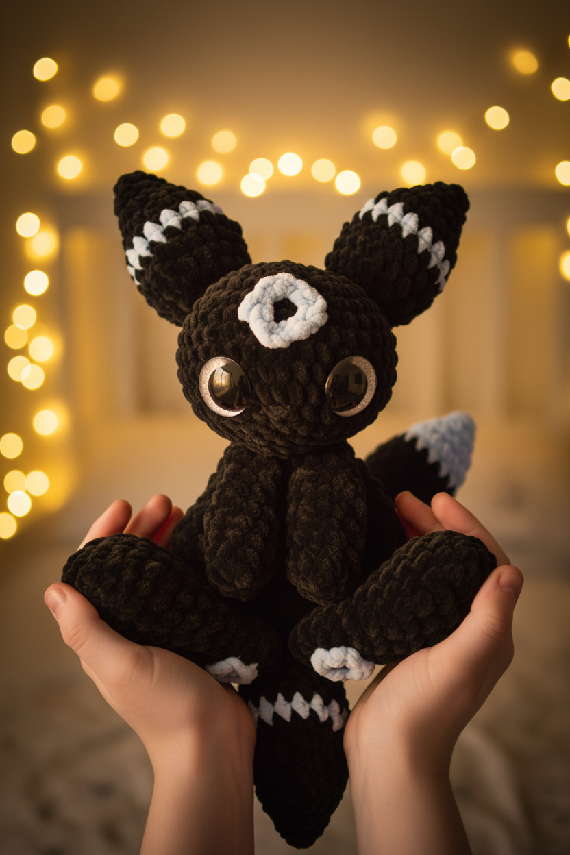 Noctali crochet tenu par un enfant dans une chambre avec guirlandes lumineuses, ambiance magique et cosy
