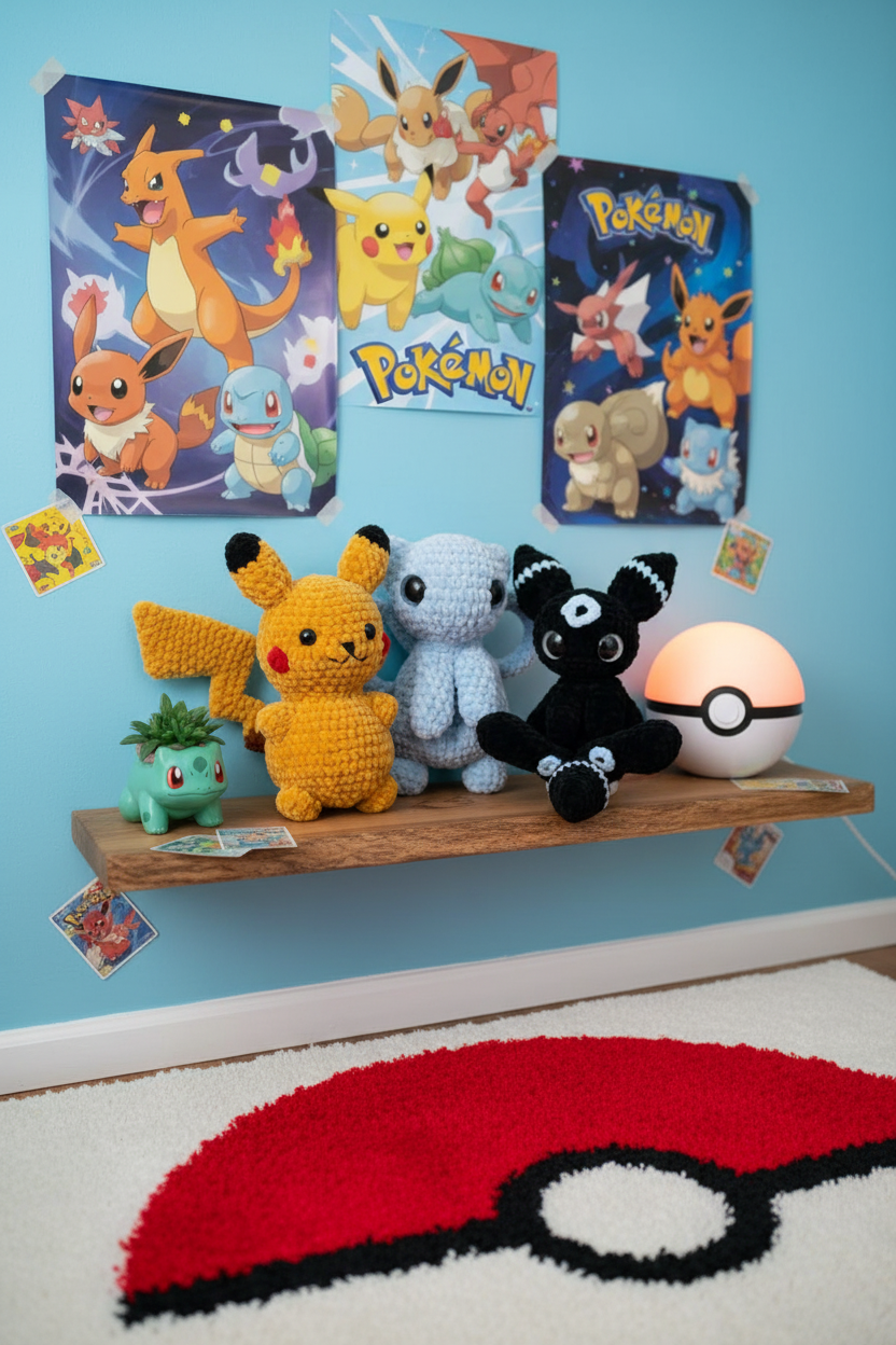 Trio de peluches Pokémon crochet dans un décor de chambre fan