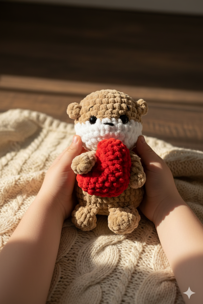 Loutre crochet beige avec cœur rouge tenue par des mains d'enfant, ambiance chaleureuse et cosy