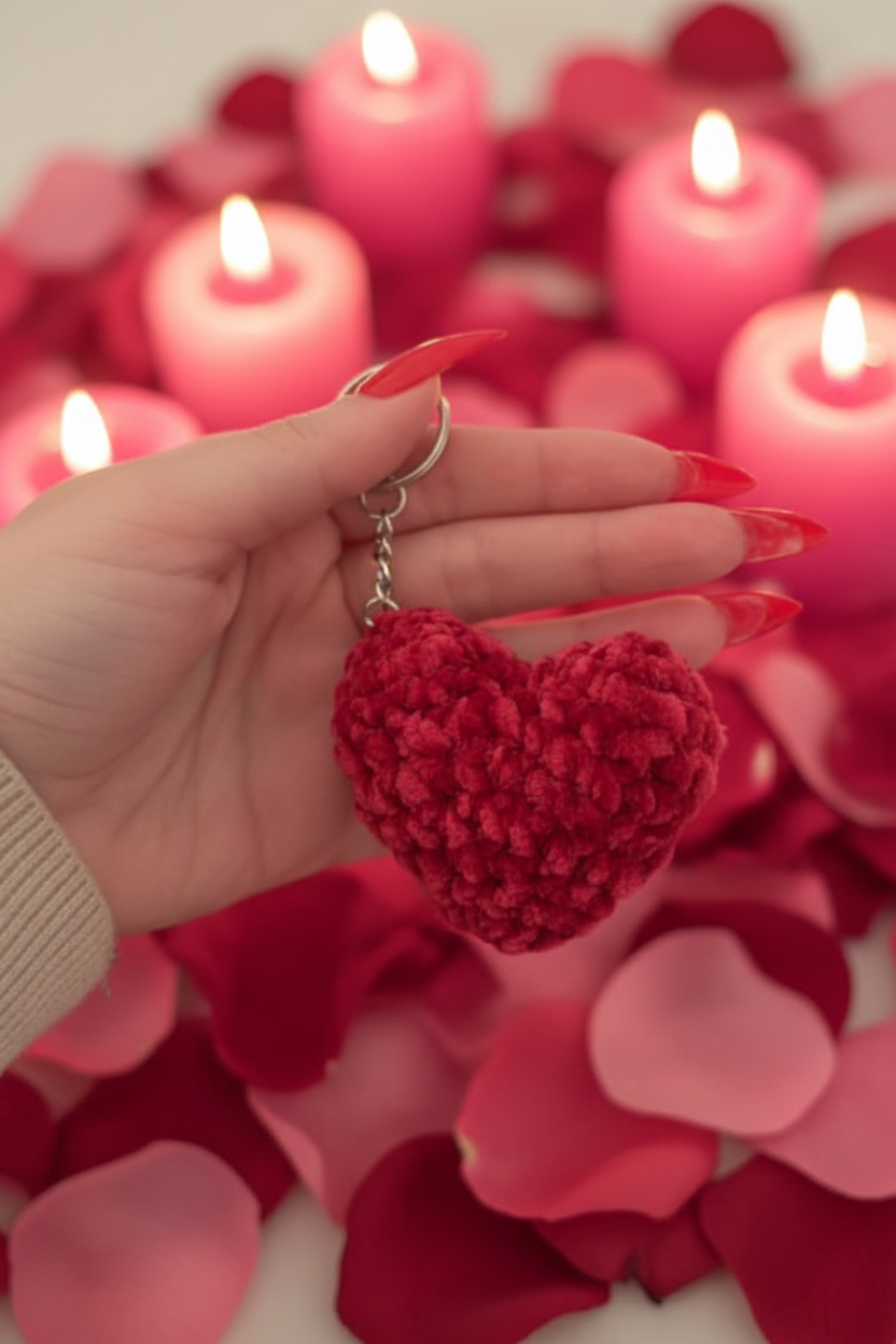 Porte-clé cœur crochet rouge tenu par une main aux ongles rouges, ambiance romantique avec pétales de roses