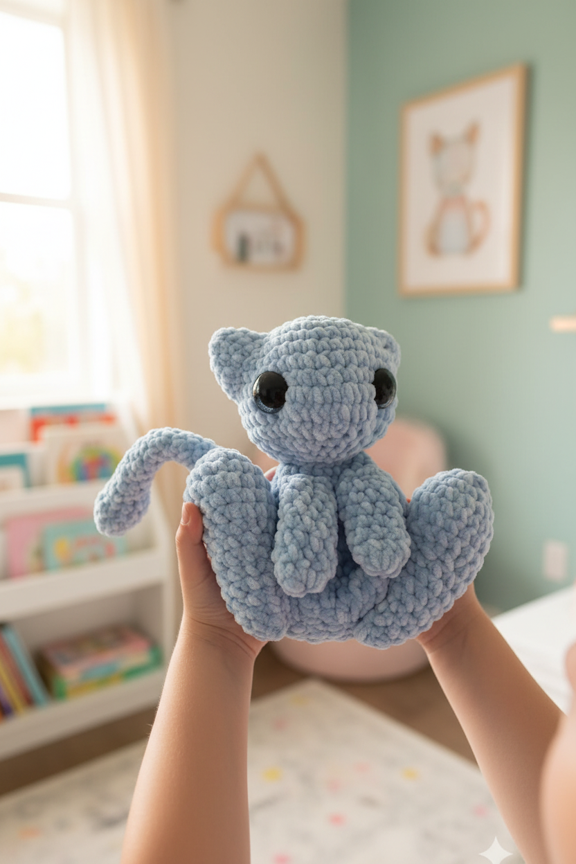Mew bleu crochet tenu par un enfant dans une chambre pastel, ambiance magique et douce