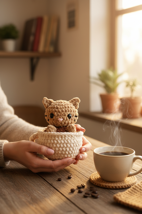 Tasse au chat crochet beige tenue par des mains élégantes dans une ambiance café cosy