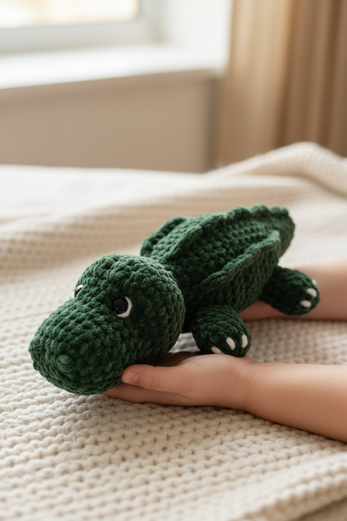 Croco crochet vert tenu par un enfant - vue de côté