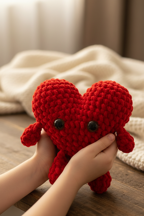 Gros cœur crochet rouge avec petits bras et jambes tenu par des mains d'enfant, ambiance chaleureuse et amoureuse