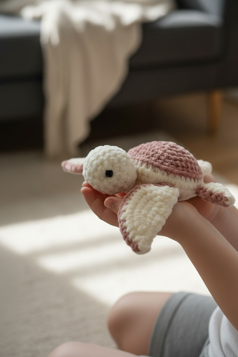 Tortue crochet rose tenue dans les mains d'un enfant avec les palmes tombantes