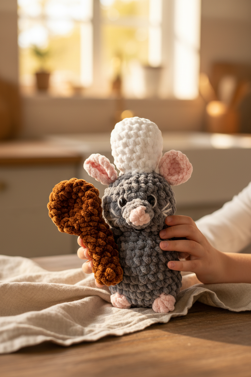 Rémy Ratatouille crochet gris avec toque blanche tenu par un enfant, ambiance cuisine chaleureuse