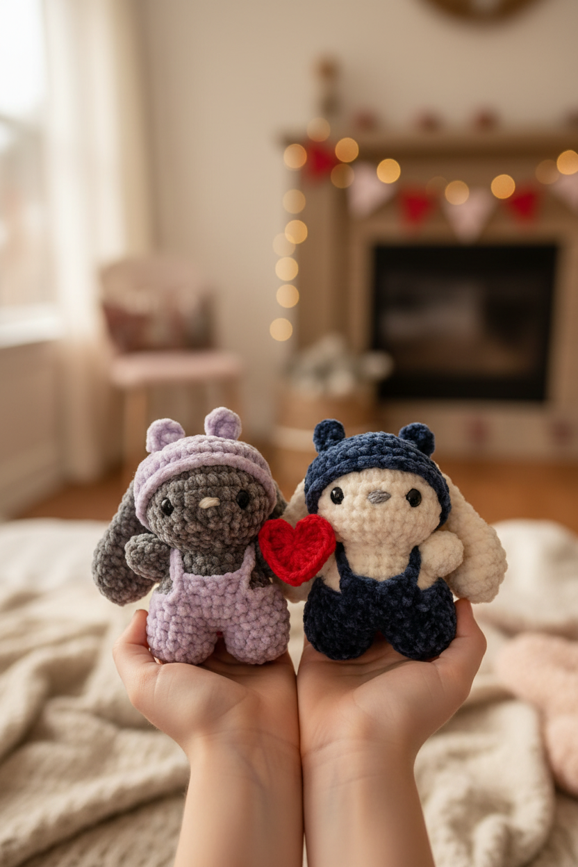 Duo de lapins crochet tenus par un enfant avec petit cœur rouge