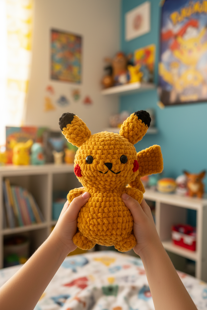 Pikachu crochet jaune tenu par un enfant dans une chambre lumineuse et colorée