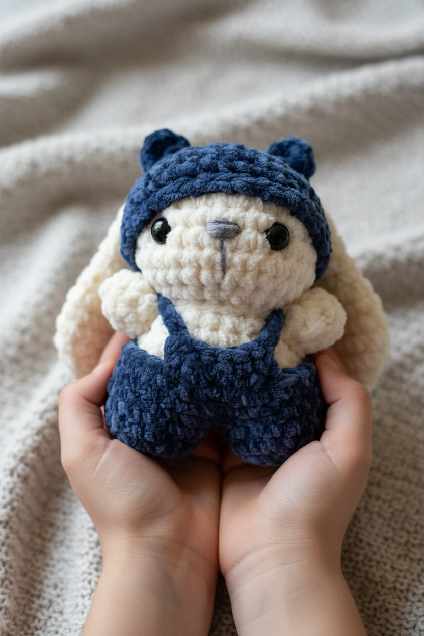 Lapin crochet bleu marine tenu par un enfant