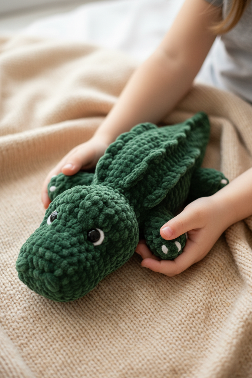 Croco crochet vert tenu par un enfant - vue du dessus et de côté