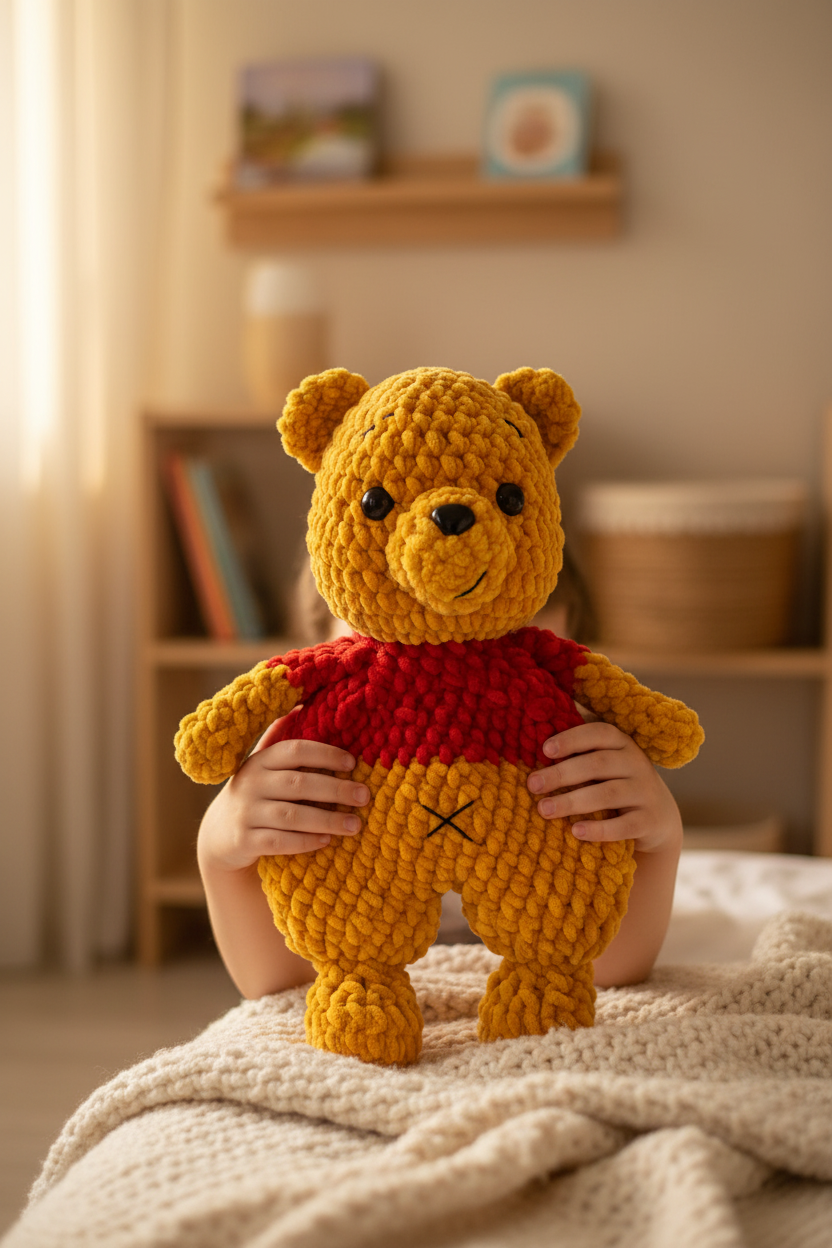 Winnie l'ourson crochet doré serré dans les bras d'un enfant, ambiance chaleureuse et cosy